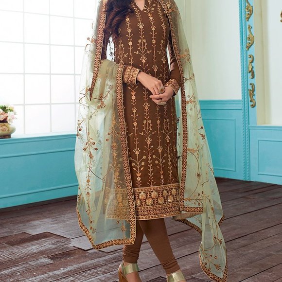 Other - BROWN AND GREEN EMBROIDERED CHURIDAR PAJAMI SUIT